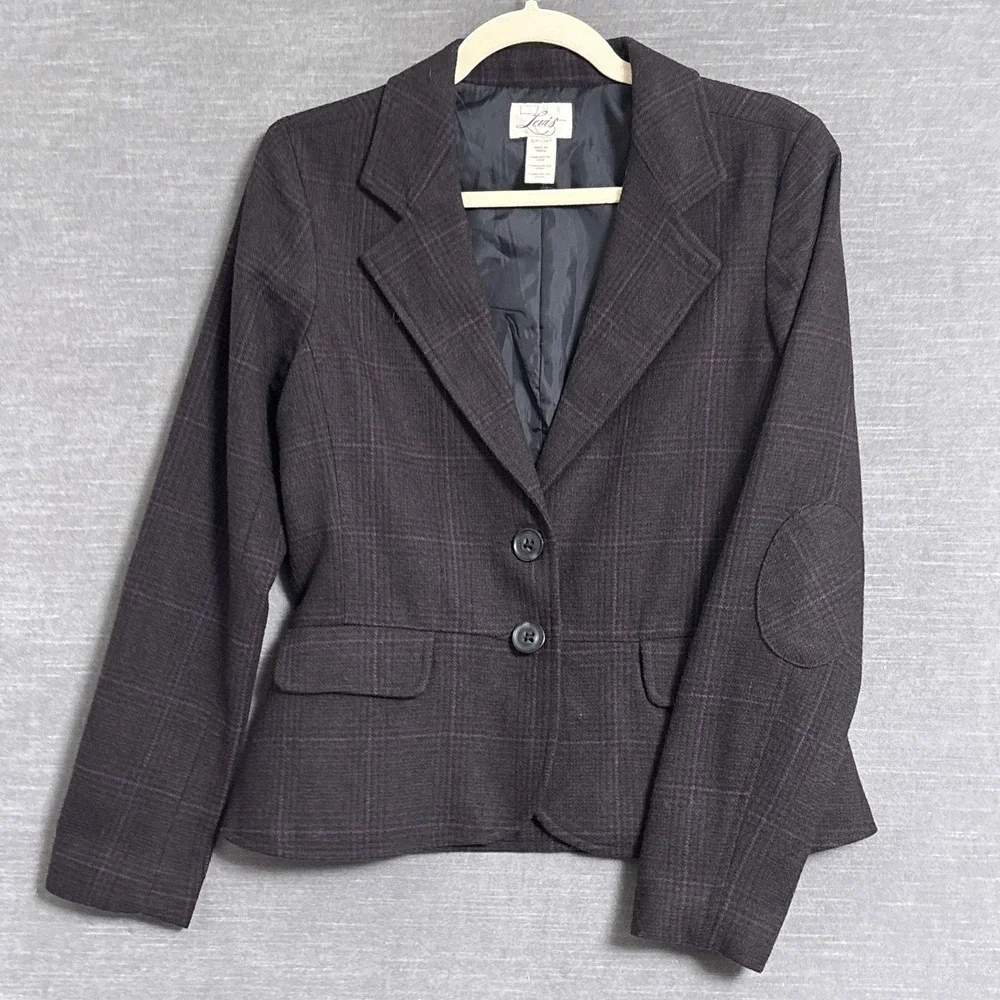 Vintage Levis Blazer S Gray Purple Plaid Wool Blend‎ Elbow Patch Preppy 90s y2k